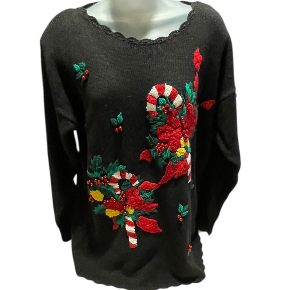 Vintage Candy Cane Christmas Sweater with Shoulder Pads Size Medium